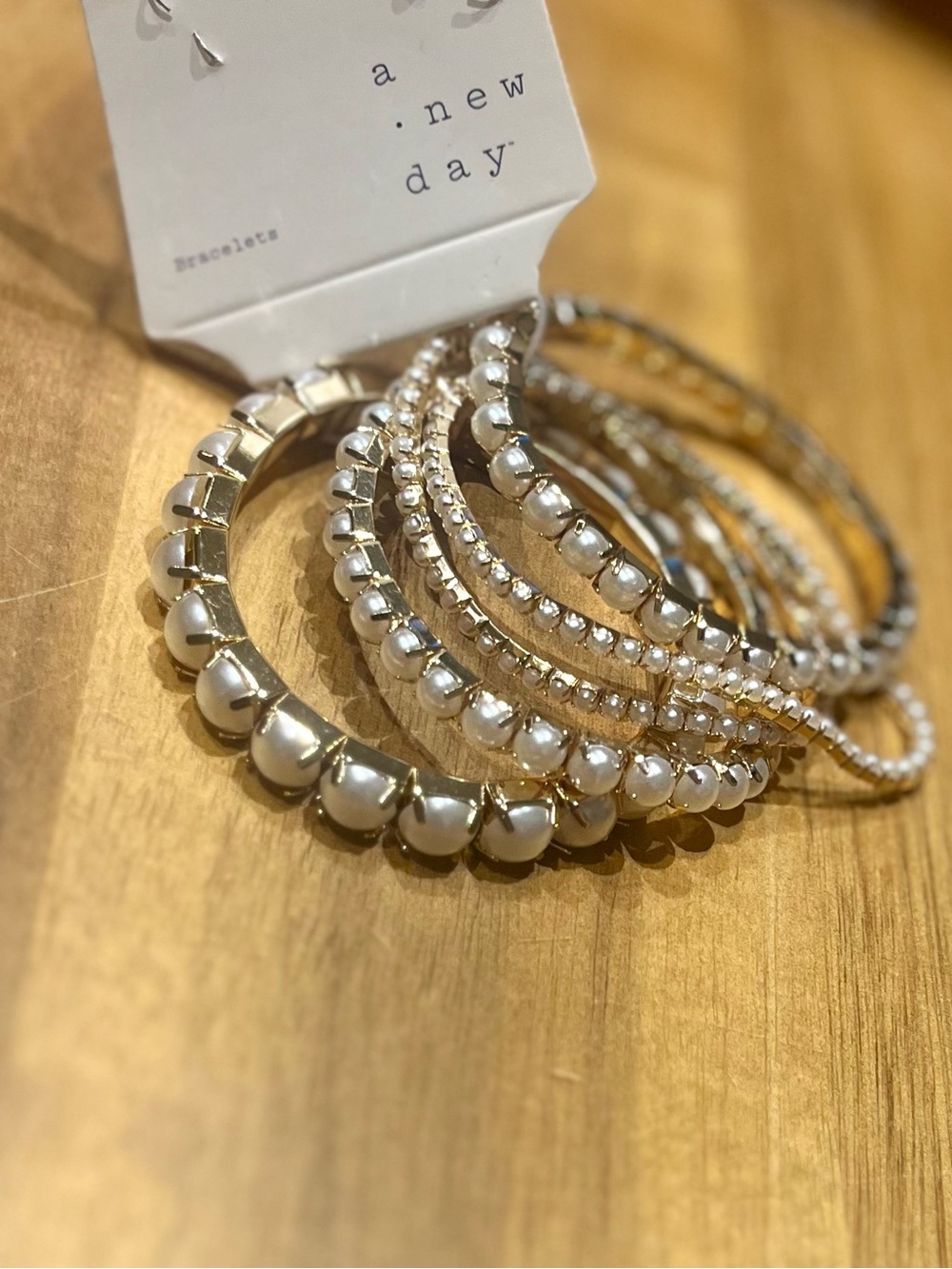 A New Day, Gold Tone Pearl and Rhinestone Stretchy Stack Bracelets